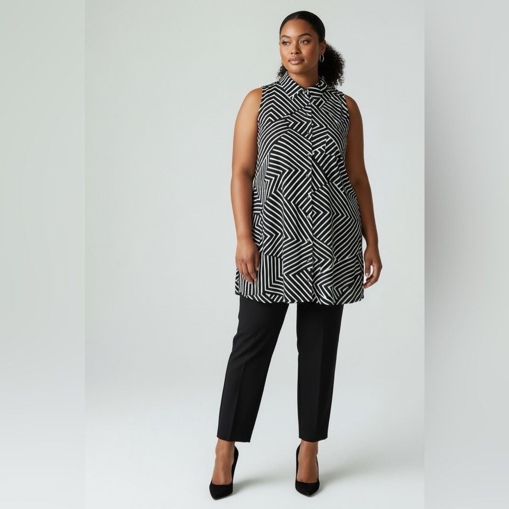 Alfani Geometric Sleeveless Button Front Tunic Top Black White Women’s 14